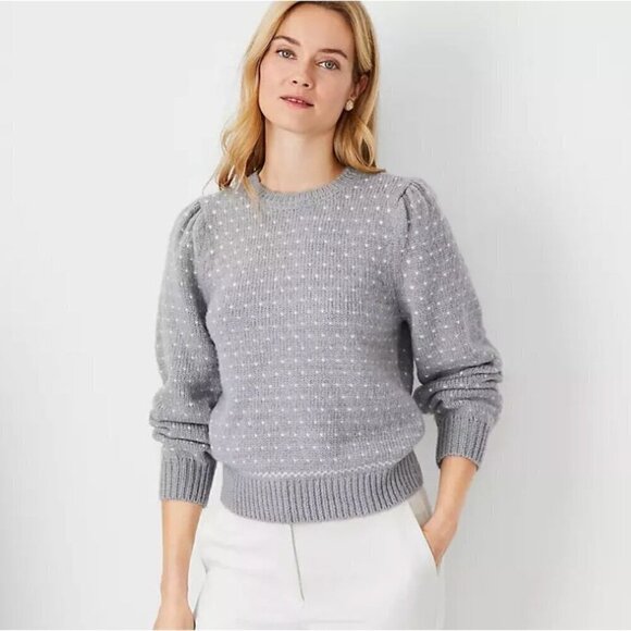 Ann Taylor Grey Puff Sleeve Bird's Eye Sweater Size M - Picture 1 of 6